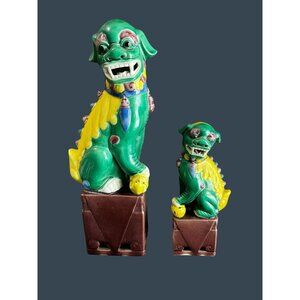 Chinese Foo Dog Guardian Lion Yin Yang Pair Female Cub Male Ball 12.5" & 8"